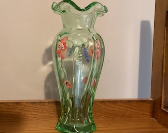 Fenton hand painted Flowers on Green Glass Fluted Vase