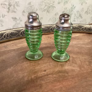 Hazel Atlas Green Vaseline Beehive Uranium Salt and Pepper Shakers