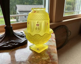 Vintage Westmoreland Wakefield Uranium Vaseline Glass Fairy Lamp-Original Label-Hand Decorated