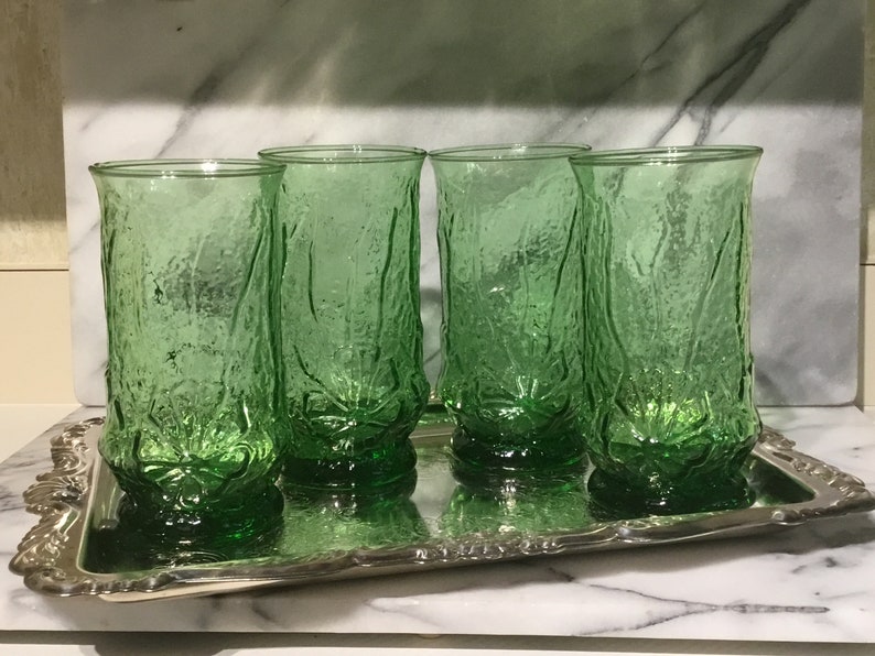 Vintage Libbey rain Flower Green Tumbler Glasses Etsy