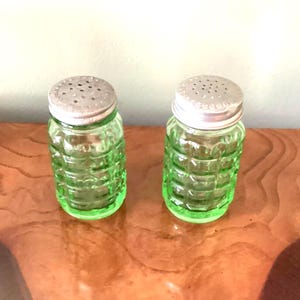 Hazel Atlas Green Vaseline Waffle Pattern  Uranium Salt and Pepper Shakers