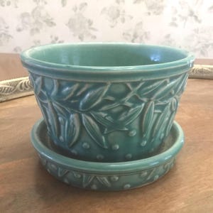 McCoy Leaves and Hobnail Turquoise Teal Planter 1950’s with Attached Saucer