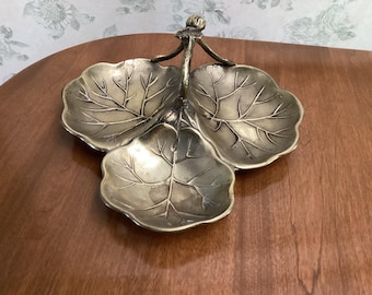 Vintage Lotus Leaf 3 divided Solid Brass Handled Tray/Serving Piece Dish