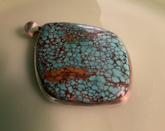 Large  Spiderweb Matrix Turquoise Pendant in sterling silver with chain