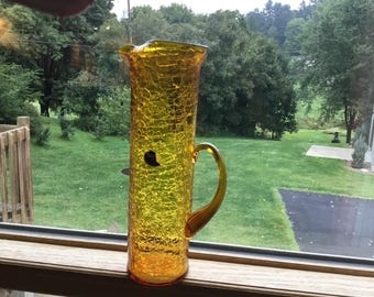 Vintage Kanawha Glass Hand Blown  Topaz/Amber Crackle Glass Pitcher-Made in USA-11.25 Inches Tall
