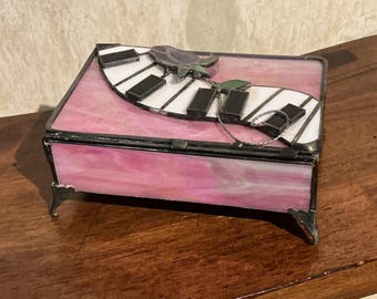 Vintage Pink Stained Glass Trinket Box Piano Keys Floral Design Mirrored Interior Keepsake Box
