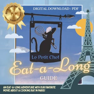 Op de afbeelding: Digitale PDF-gids getiteld "Eat-a-Long Guide" met een silhouet van een rattenkok met een garde, met de Eiffeltoren op de achtergrond. De gids is voor een film over een kokende rat in Parijs.