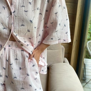 Women&#39;s pyjamas set Muslin pajamas 100% cotton pajamas Handmade pajamas T-shirt with pockets Pajama set Bridal party  Bridesmaid pajamas
