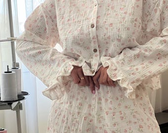 Women's Handmade Pajamas Muslin Pyjamas100%Cotton Pyjamas Shirt and Shorts Set Floral Pajama Set  Wedding Bridesmaid Summer Pajamas