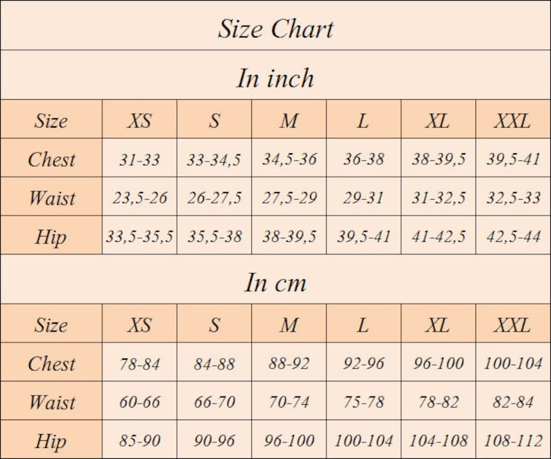Peut inclure: Tableau des tailles pour v&ecirc;tements en pouces et en centim&egrave;tres. Le tableau montre les tailles XS &agrave; XXL avec les mesures de la poitrine, de la taille et des hanches.