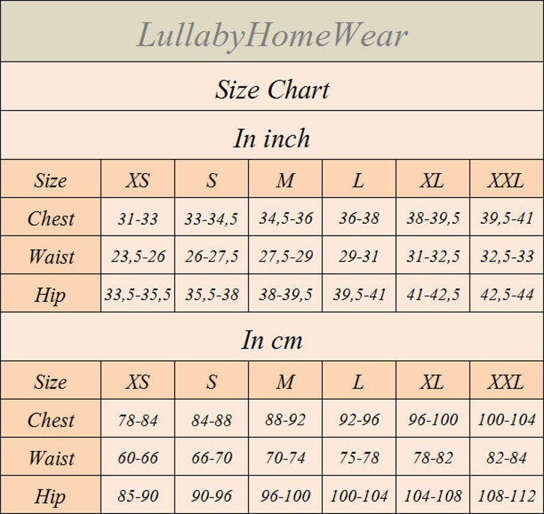 May include: Size chart for clothing in inches and centimetres. The chart shows measurements for chest, waist, and hip in sizes XS, S, M, L, XL, and XXL.