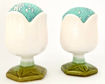White Vintage Tulip Egg Cup Pincushion ~ Sewing Gift ~ Quilting Gift