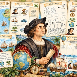 May include: An educational Christopher Columbus activity set featuring a central portrait of the explorer holding a scroll, surrounded by worksheets with maps, timelines, matching games, and illustrations of ships, globes, and tropical islands.