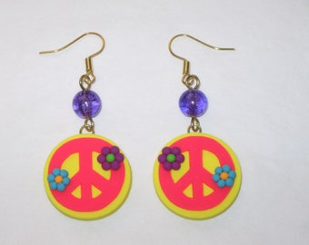 Peace Sign Earrings,Peace Earrings,Flower Earrings,Flower Power Earrings,Groovy Earrings,Mothers Day Gift,60's Earrings,Boho Earrings,Peace