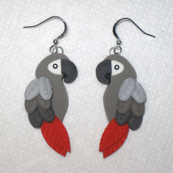 African Grey Parrot Earrings,Bird Earrings,Tropical Bird Earrings,African Gray Earrings,Parrot Lover Gift,Parrot Earrings,Polymer Clay,Birds