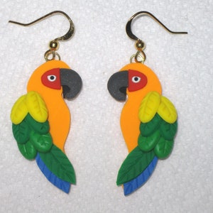 Sun Conure Earrings,Bird Earrings,Tropical Bird Earrings,Parrot Earrings,Sun Conure Jewelry,Bird Lover Gift,Bird Jewelry,Polymer Clay,Gold