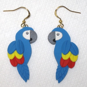 Blue Parrot Earrings,Bird Earrings,Tropical Bird Earrings,Macaw Earrings,Parrot Jewelry,Parrot Lover Gift,Parrot Charms,Polymer Clay,Gold