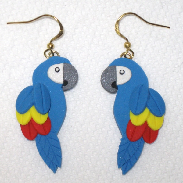 Blue Parrot Earrings,Bird Earrings,Tropical Bird Earrings,Macaw Earrings,Parrot Jewelry,Parrot Lover Gift,Parrot Charms,Polymer Clay,Gold