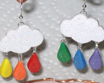 Rainbow Cloud Earrings,Cloud Earrings,Rainbow Earrings,Rainbow Raindrop Earrings,Pride Earrings,Rainbow lover gift,Silver,Colorful Earrings