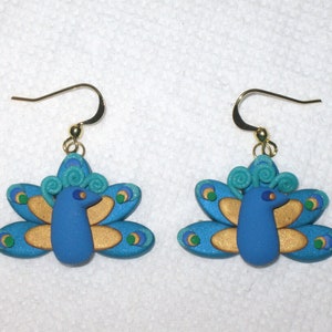 Peacock Earrings,Bird Earrings,Peacock Jewelry,Bird Lover Gift,Blue Greenl Peacocks,Tropical Bird Earrings,Gift Earrings,Polymer Clay,Gold