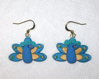 Peacock Earrings,Bird Earrings,Peacock Jewelry,Bird Lover Gift,Blue Greenl Peacocks,Tropical Bird Earrings,Gift Earrings,Polymer Clay,Gold