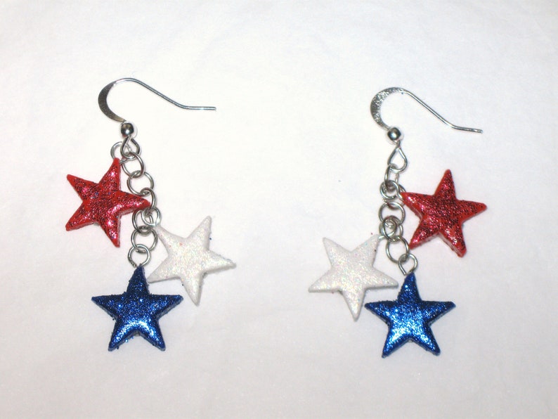 Patriotic Star Cluster Earrings,Star Earrings,Glitter Star Earrings,Red White Blue,Silver,Patriotic Earrings,Memorial Day,July 4th Earrings