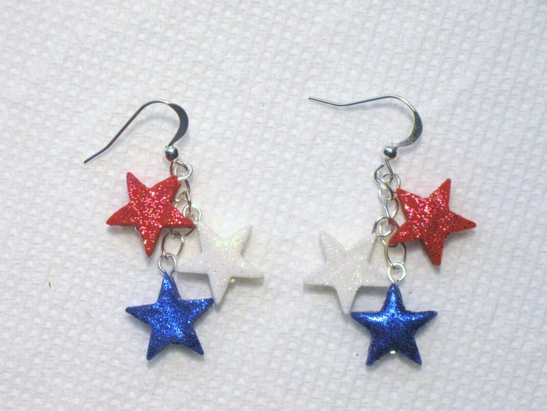 Patriotic Star Cluster Earrings,Star Earrings,Glitter Star Earrings,Red White Blue,Silver,Patriotic Earrings,Memorial Day,July 4th Earrings