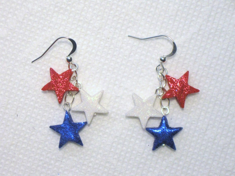 Patriotic Star Cluster Earrings,Star Earrings,Glitter Star Earrings,Red White Blue,Silver,Patriotic Earrings,Memorial Day,July 4th Earrings