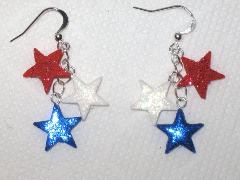 Patriotic Star Cluster Earrings,Star Earrings,Glitter Star Earrings,Red White Blue,Silver,Patriotic Earrings,Memorial Day,July 4th Earrings