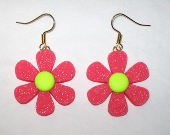 Flower Earrings,Pink Flower Earrings,Glitter Flower Earrings,60's Earrings,Flower Power Earrings,Groovy Flower Earrings,Hippie Earrings,Pink