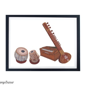Indian musical instruments tabla, harmonium and sitar, classical music, carnatic, hindustani music printable digital art by MangoBazaar