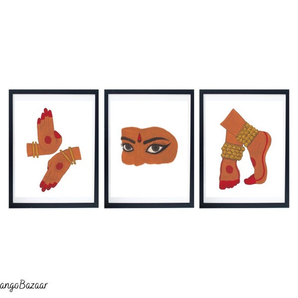 Indian Dancer Eyes Hands and Feet, Set of 3 Classical South Asian Brown Indian Dancer, Instant Download Printable Digital Art by MangoBazaar