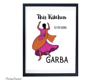 Funny Indian Gujarati kitchen decor, garba dandiya dance, desi girl boho southasian instant download, printable digital art by MangoBazaar