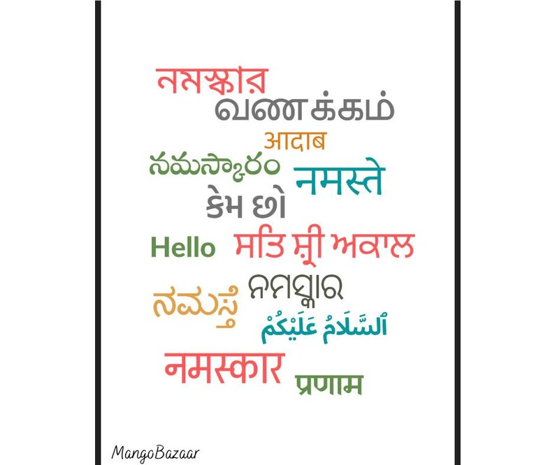 Indian languages greeting, namaste, kemchho, sat sri akal, vanakkam, namaskaram, diversity, printable digital art by MangoBazaar image 5