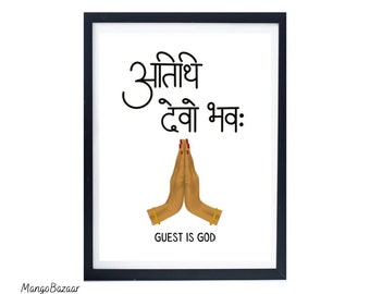 Atithi Devo Bhava printable, Sanskrit phrase, Indian Desi Boho Art, instant download, printable digital art by MangoBazaar