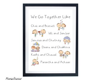Cute funny couple art kitchen dining room cafe restaurant, room decor, desi indian food pop culture printable digital art by MangoBazaar