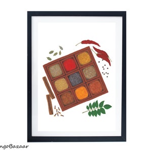 Indian spices box, masala dabba, anjaraipetti, traditional kitchen, dining room cafe restaurant decor, printable digital art by MangoBazaar