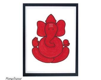 Ganesha art hindu festive diwali decor, orange ganapati, Indian desi southasian art, pooja yoga studio, printable digital art by MangoBazaar