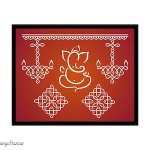 Op de afbeelding: Een rode achtergrond met een witte omtrek van de hindoe-godheid Ganesha, omringd door decoratieve witte patronen. De patronen omvatten een kroonluchterontwerp en twee vierkante ontwerpen.