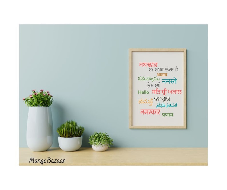 Indian languages greeting, namaste, kemchho, sat sri akal, vanakkam, namaskaram, diversity, printable digital art by MangoBazaar image 4