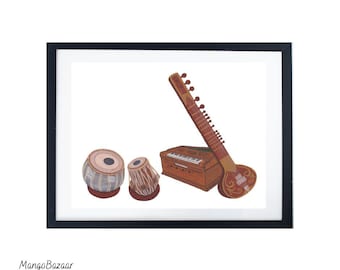 Custom Listing - Indian musical instruments tabla, harmonium and sitar printable digital art by MangoBazaar