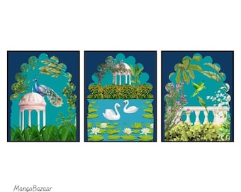 Pichwai Painting Set of 3, Traditional Indian Art, Peacock, Swans, Parrots (Digital Printable)