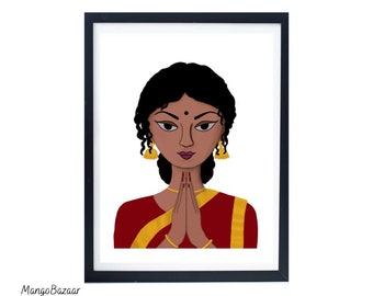 Indian lady namaste, desi boho yoga studio, welcome, meditation, pooja room decor, Indian Hindu instant download digital art by MangoBazaar