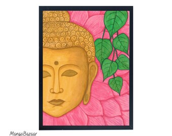 Handpainted Buddha Gouache Painting, Lotus, Bodhi Leaves (Digital Art)