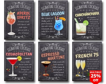 Bar Signs Cocktail Recipes - METAL Wall Art, Classic Tiki Posters for Kitchen Home Decor, Man Cave Alcohol Drinks Set, Bartender Gift Plaque