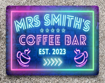Personalised Coffee Bar Sign: Neon Style Metal Wall Art