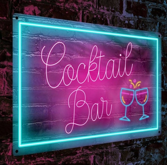 Custom Cocktail Bar Sign: Neon Effect Print, Retro Home Bar Decor