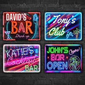 Personalised Neon Signs - Cocktail Metal Wall Art for Bar/Club - Retro Decor for Home Pub Drinks, Man Cave, Kitchen, Bartender Gift Plaque