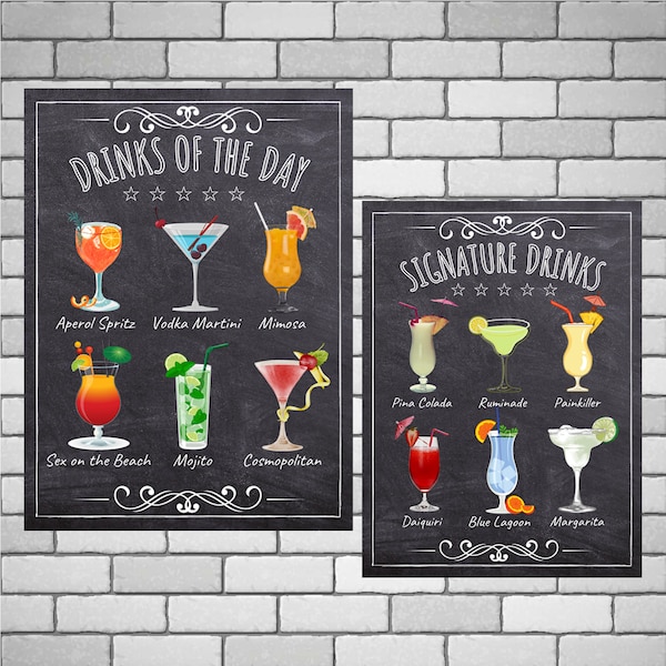 Personalised METAL SIGN - Signature Cocktails Poster | Chalkboard Style | Tiki Bar Home Decor | Personalized Gift - Custom Wall Art