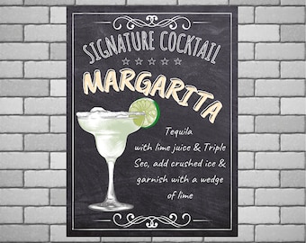 Letrero metálico personalizado con receta de margarita: decoración de pizarra para bar tiki